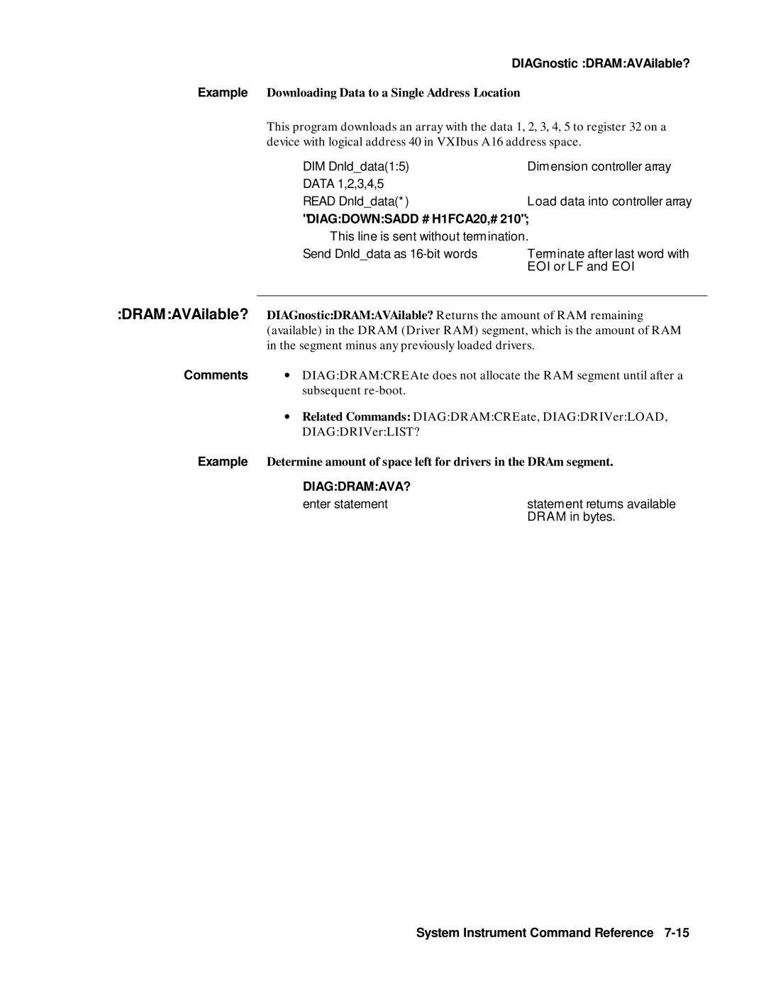 Agilent Technologies 75000 SERIES B DIAGnostic DRAMAVAilable?, Example Downloading Data to a Single Address Location 