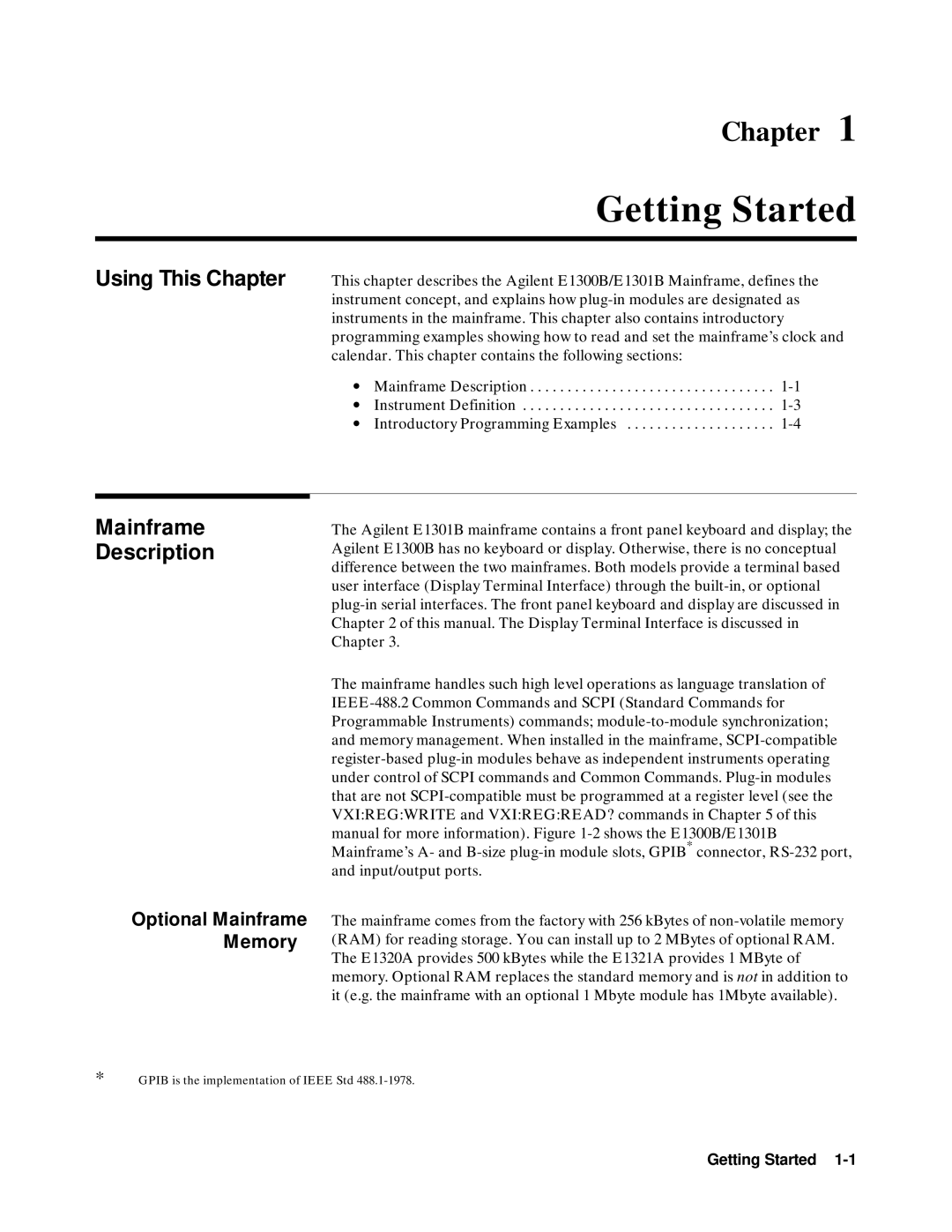 Agilent Technologies E1301B, E1300B Getting Started, Using This Chapter, Mainframe Description, Optional Mainframe Memory 