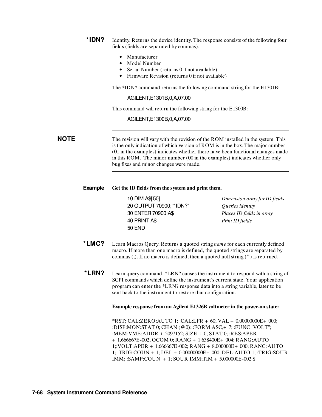 Agilent Technologies E1300B, E1301B, 75000 SERIES B Example Get the ID fields from the system and print them, Print A$ 