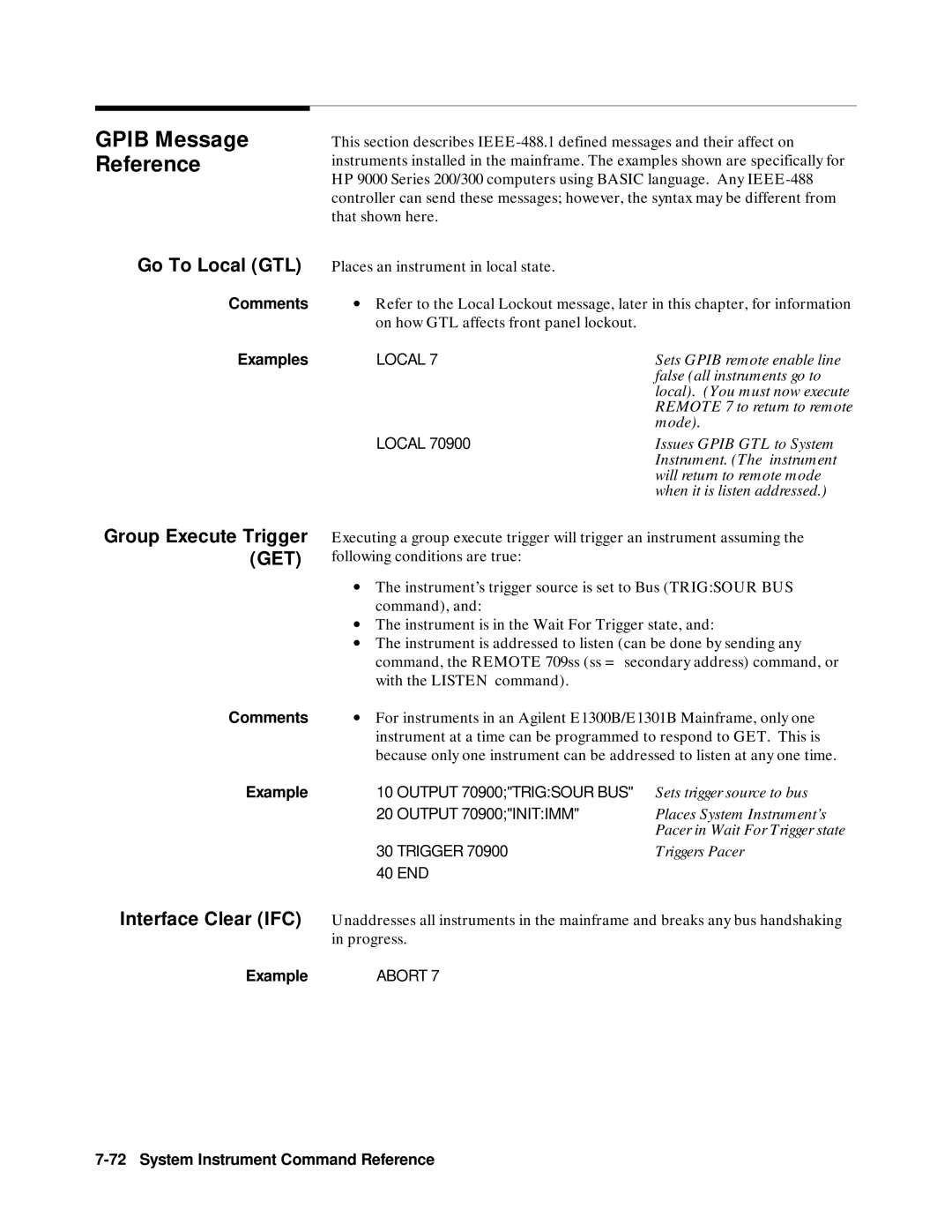 Agilent Technologies 75000 SERIES B, E1301B Gpib Message, Go To Local GTL, Group Execute Trigger GET, Interface Clear IFC 