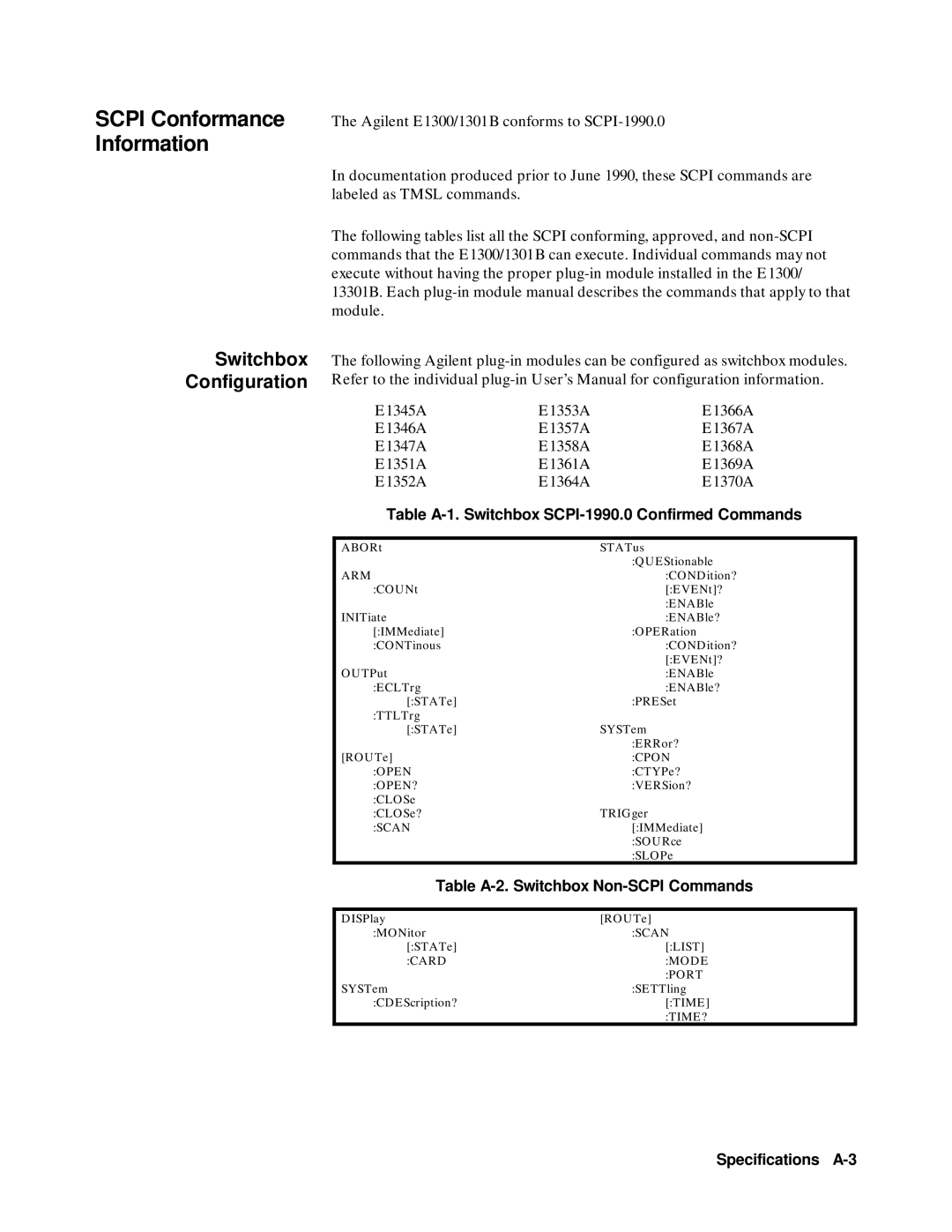 Agilent Technologies E1300B Scpi Conformance Information, Switchbox Configuration, Table A-2. Switchbox Non-SCPI Commands 