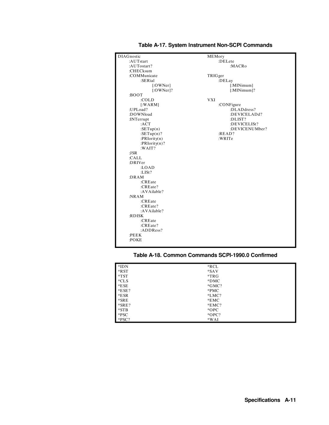 Agilent Technologies E1301B, E1300B, 75000 SERIES B Table A-17. System Instrument Non-SCPI Commands, Specifications A-11 