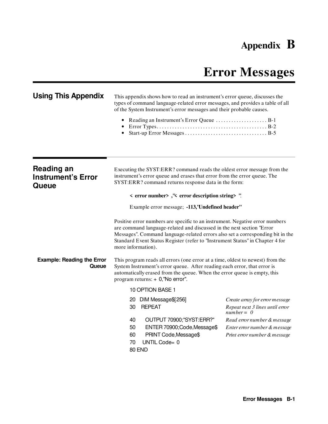 Agilent Technologies 75000 SERIES B, E1301B Error Messages, Reading an Instrument’s Error Queue, Output 70900SYSTERR? 