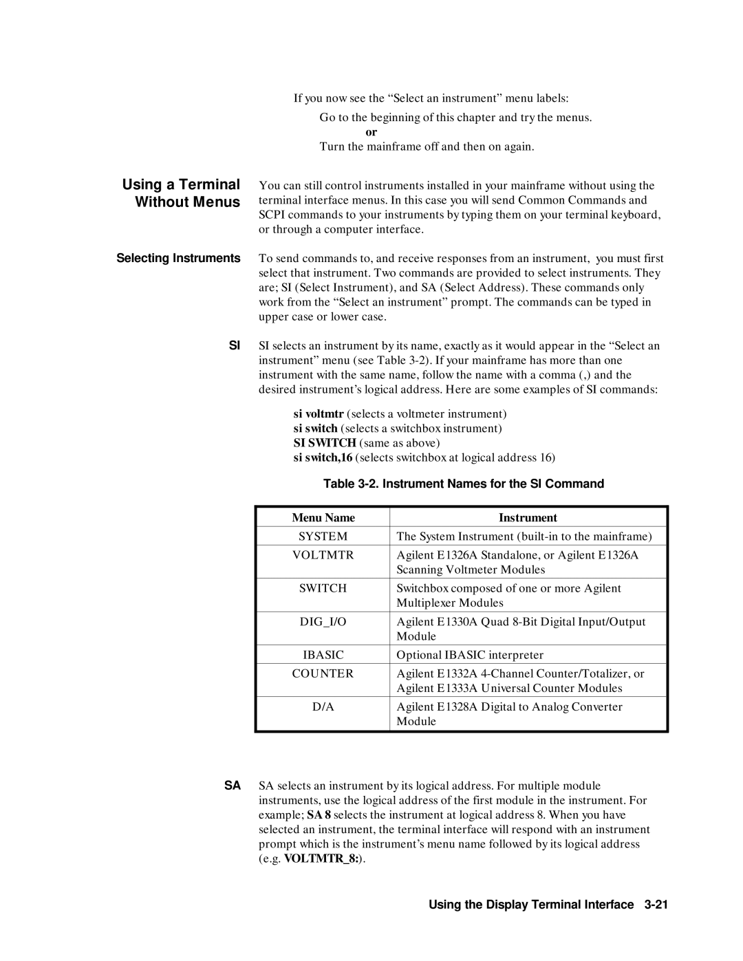 Agilent Technologies E1301B Using a Terminal Without Menus, Instrument Names for the SI Command, Menu Name Instrument 