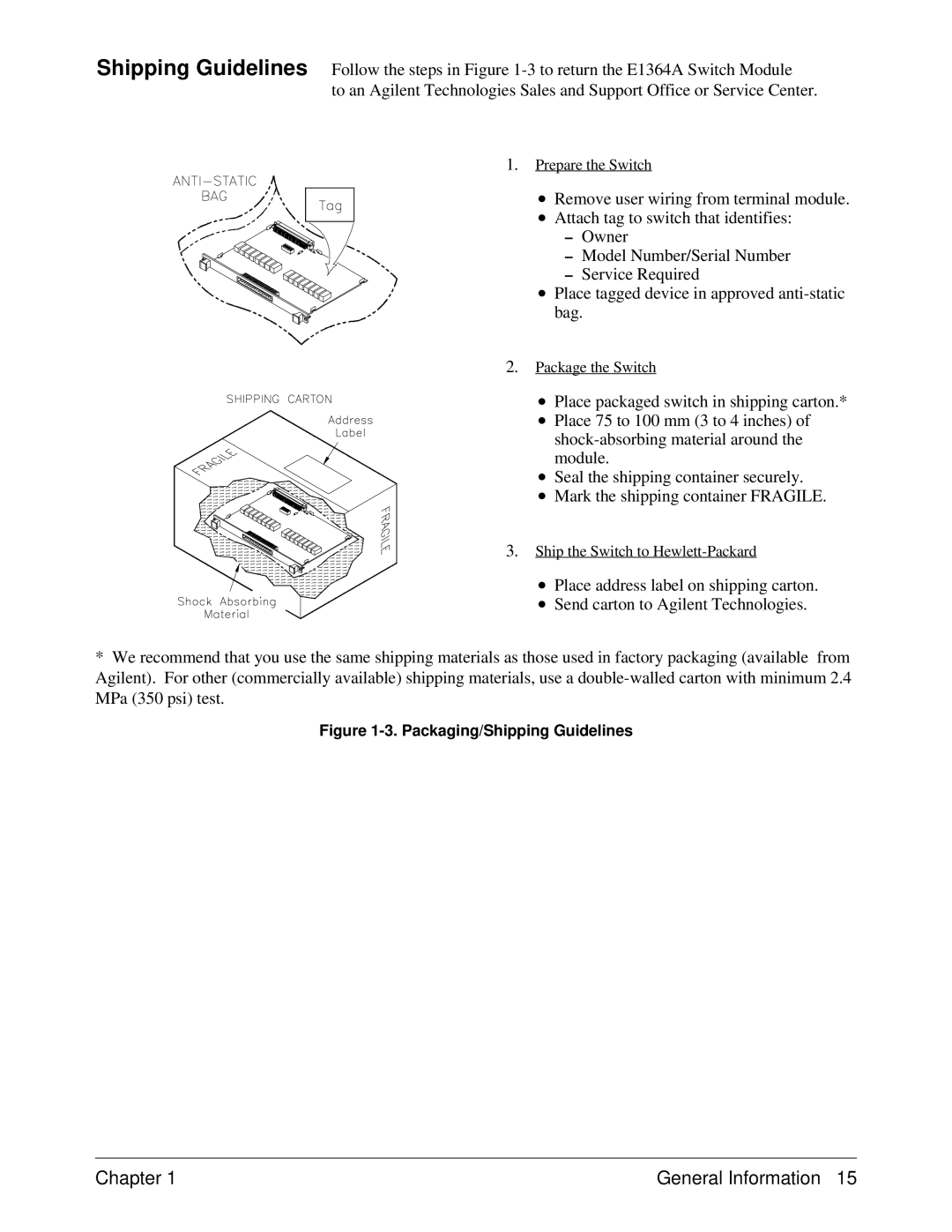 Agilent Technologies E1364A service manual Packaging/Shipping Guidelines 