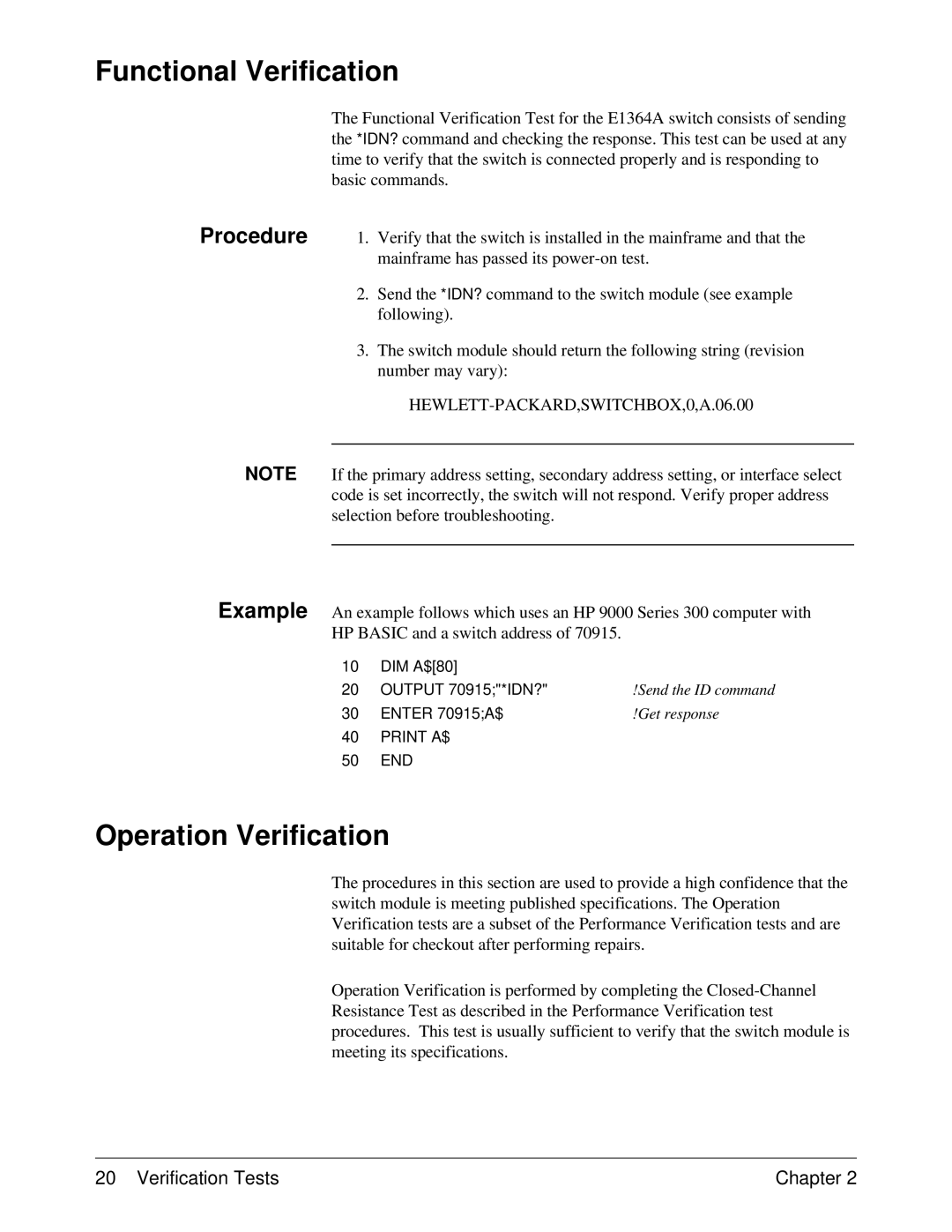 Agilent Technologies E1364A service manual Functional Verification, Operation Verification 