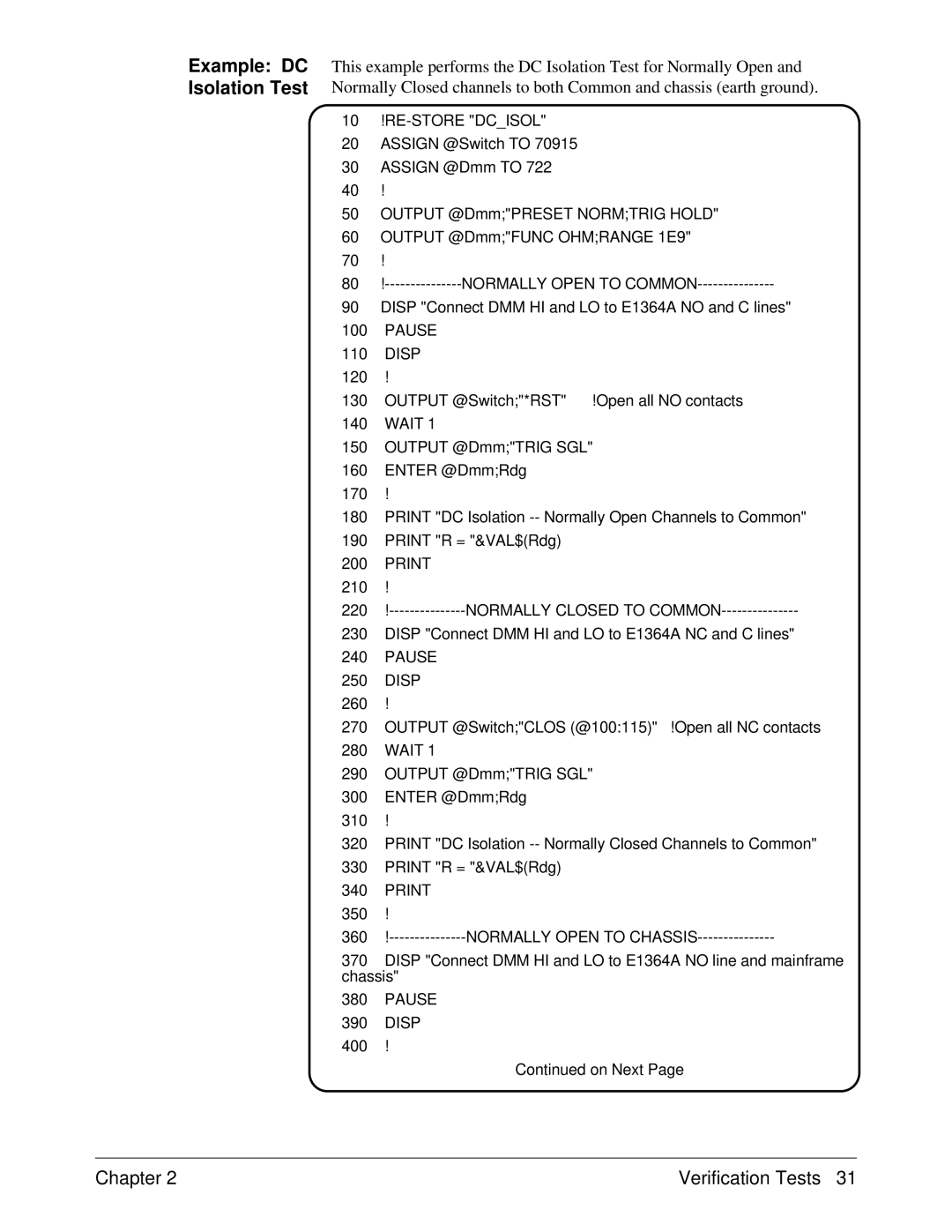 Agilent Technologies E1364A service manual Example DC Isolation Test 