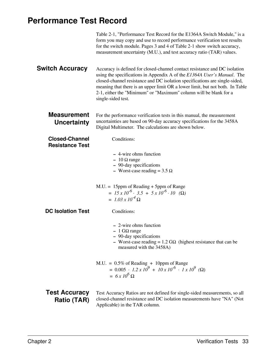 Agilent Technologies E1364A service manual Performance Test Record, Test Accuracy Ratio TAR 