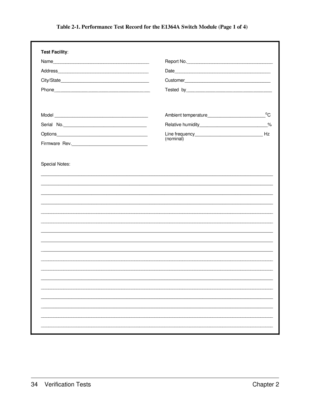 Agilent Technologies service manual Performance Test Record for the E1364A Switch Module Page 1 
