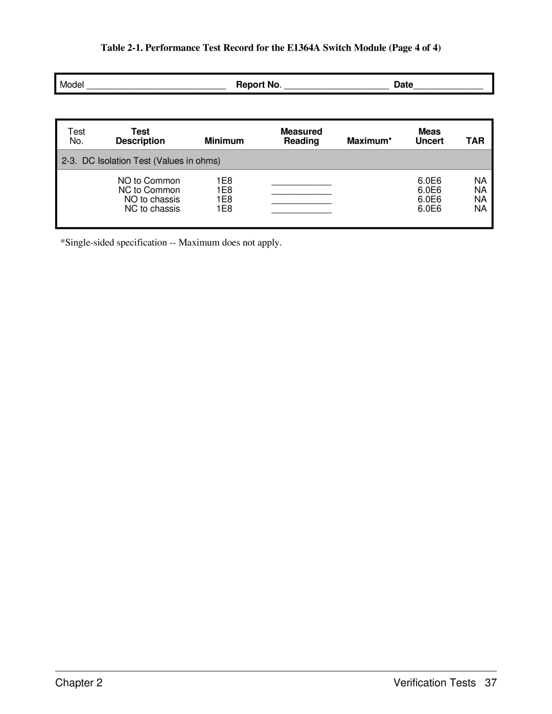 Agilent Technologies service manual Performance Test Record for the E1364A Switch Module Page 4 