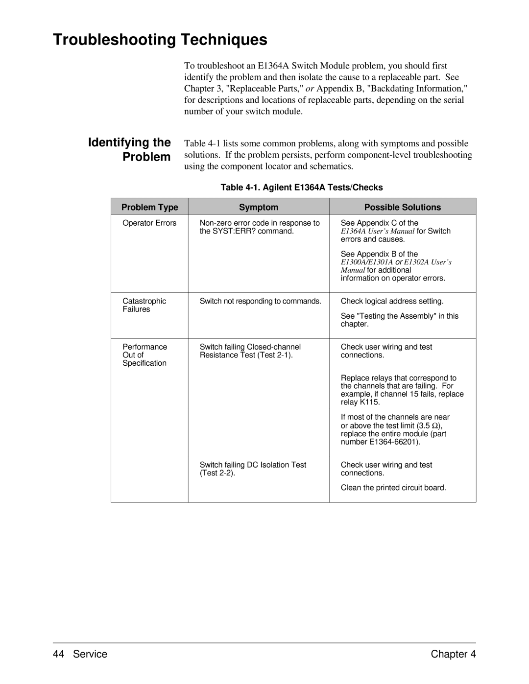 Agilent Technologies E1364A service manual Troubleshooting Techniques, Identifying the Problem 