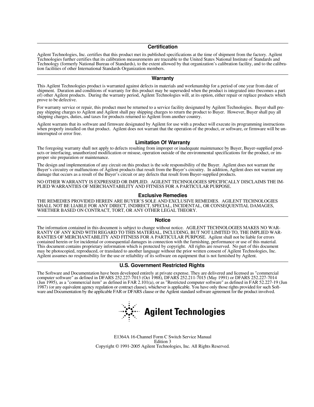 Agilent Technologies E1364A Certification, Limitation Of Warranty, Exclusive Remedies, Government Restricted Rights 