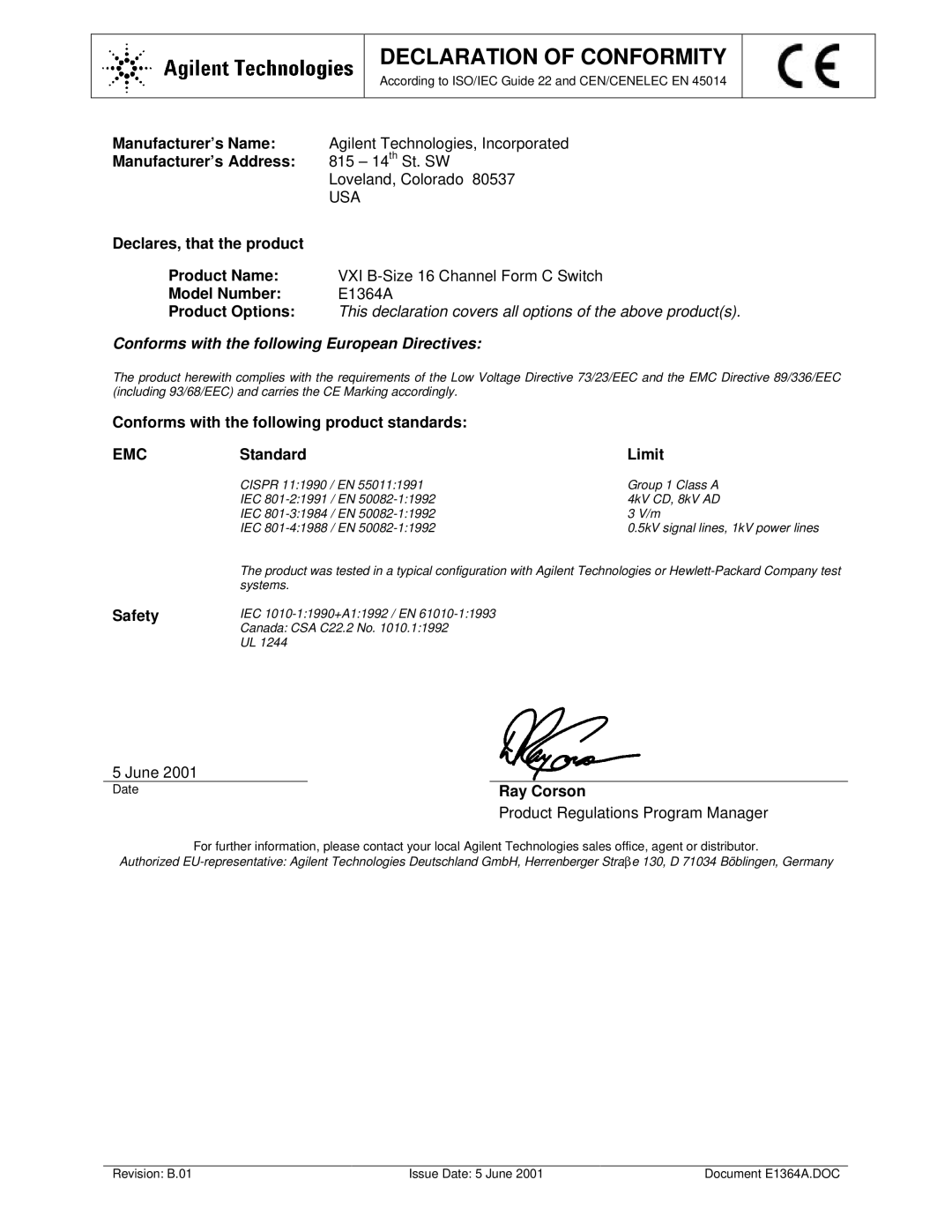 Agilent Technologies E1364A Manufacturer’s Name, Manufacturer’s Address, Declares, that the product Product Name 