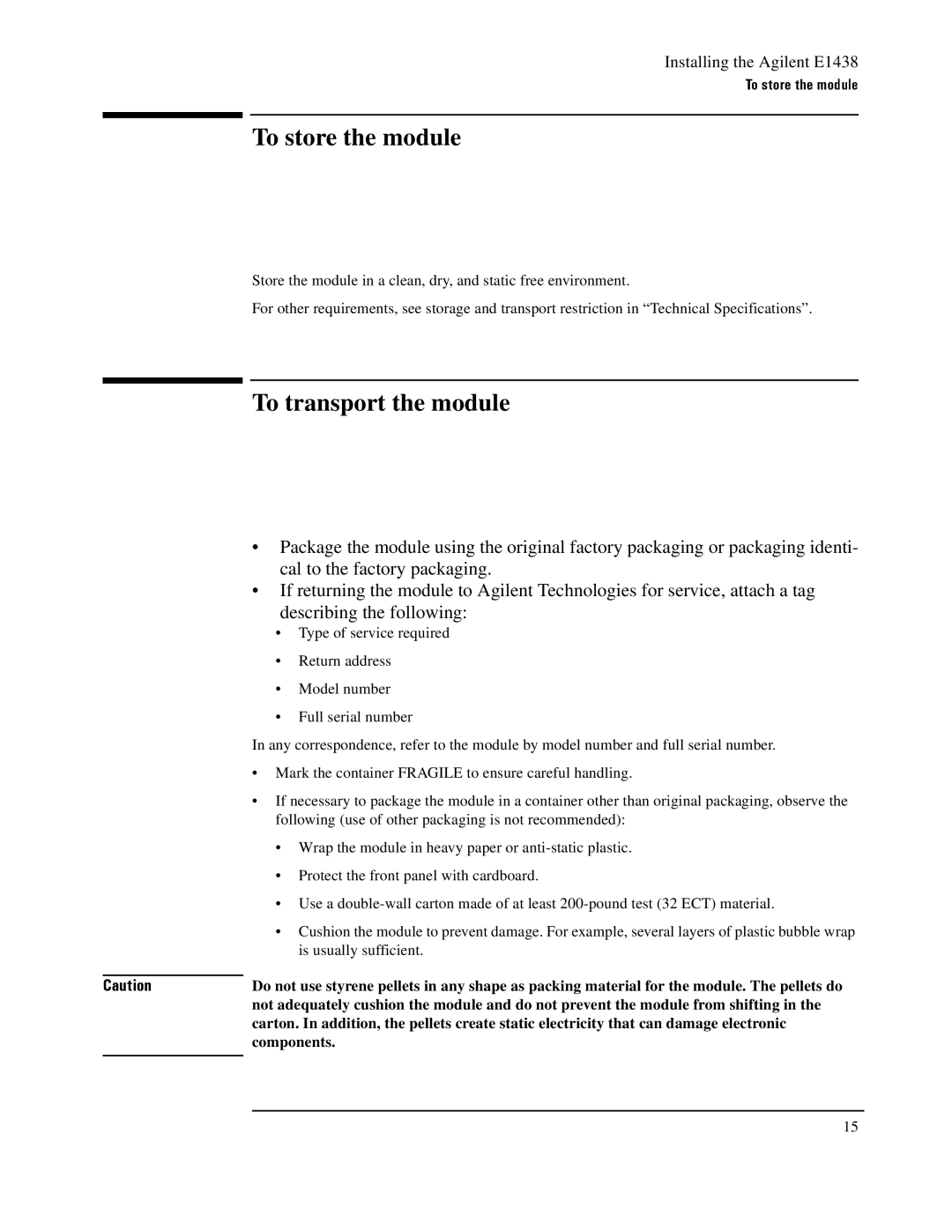 Agilent Technologies E1438 manual To store the module, To transport the module 