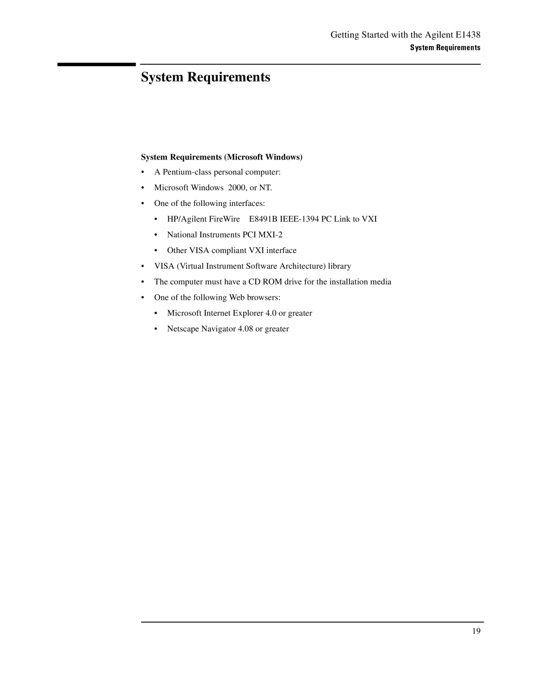 Agilent Technologies E1438 manual System Requirements Microsoft Windows 