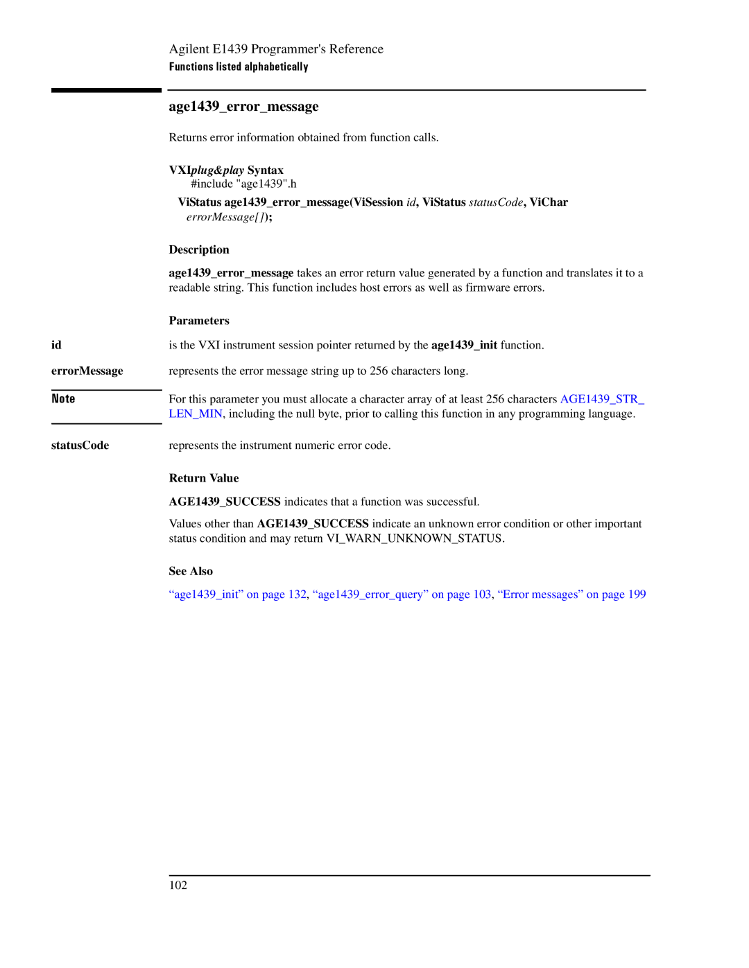 Agilent Technologies E1439 manual Age1439errormessage, ErrorMessage 