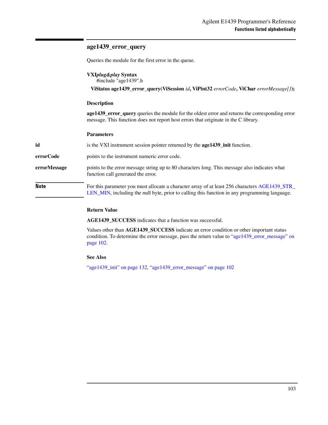 Agilent Technologies E1439 manual Age1439errorquery, ErrorCode ErrorMessage 