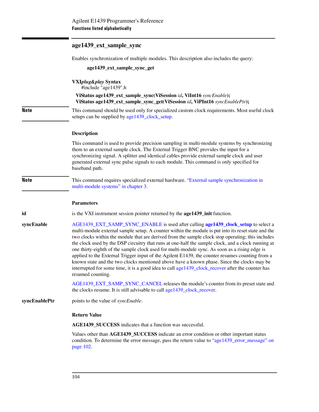 Agilent Technologies E1439 manual SyncEnable SyncEnablePtr, Age1439extsamplesyncget 