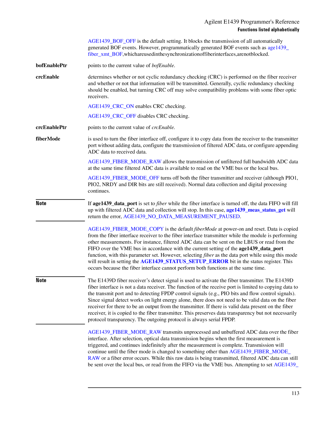Agilent Technologies E1439 manual BofEnablePtr crcEnable CrcEnablePtr fiberMode 
