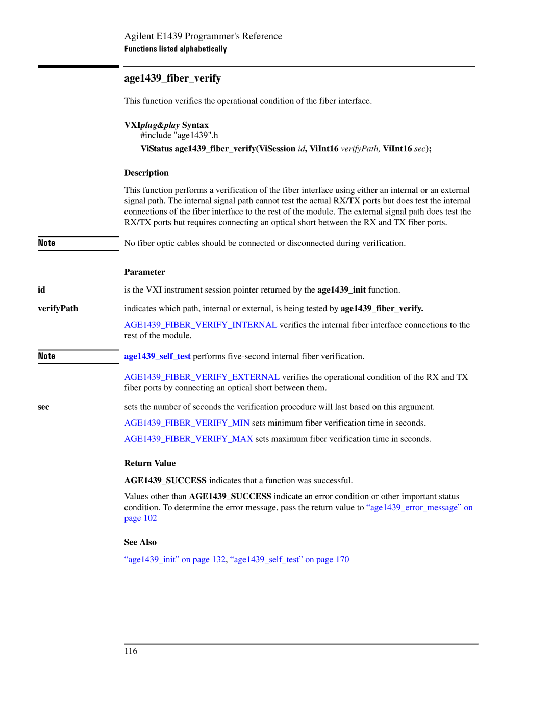 Agilent Technologies E1439 manual Age1439fiberverify, VerifyPath Sec 