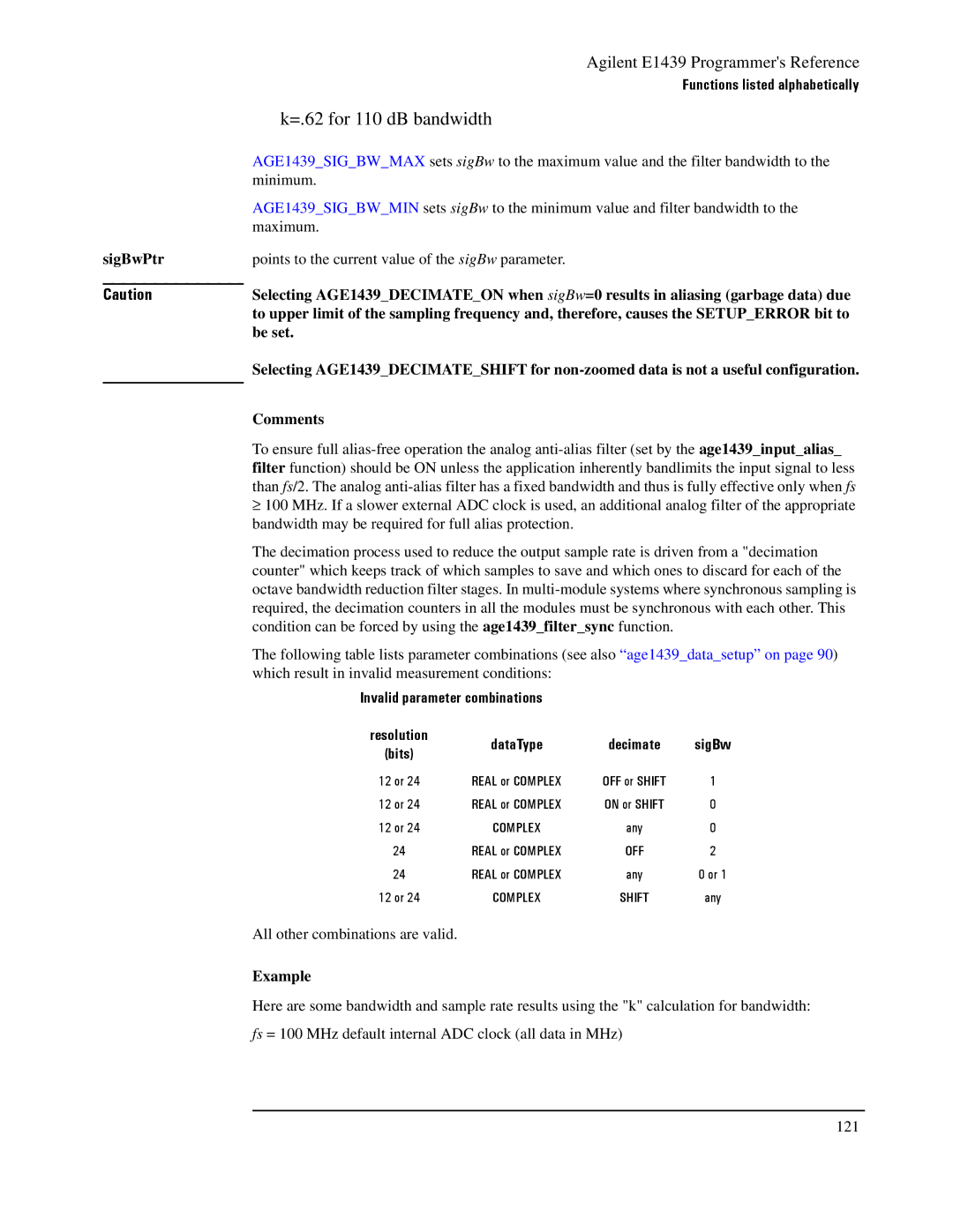 Agilent Technologies E1439 manual SigBwPtr, Be set, Invalid parameter combinations 