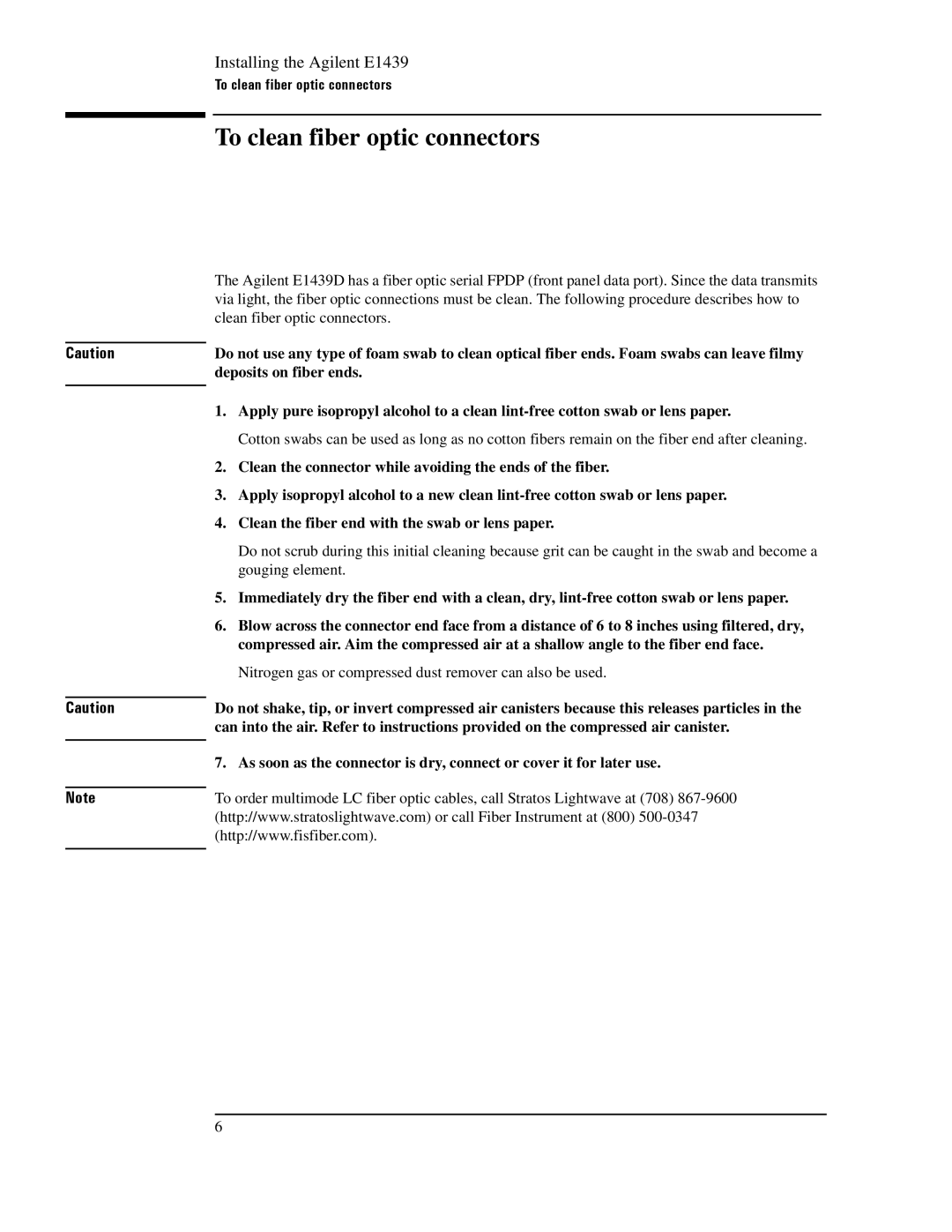 Agilent Technologies E1439 manual To clean fiber optic connectors 