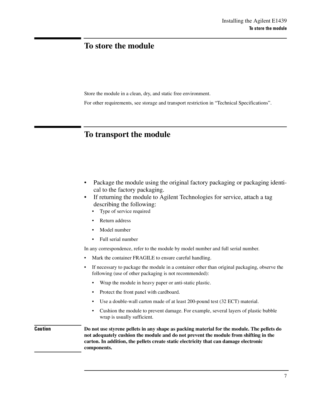 Agilent Technologies E1439 manual To store the module, To transport the module 