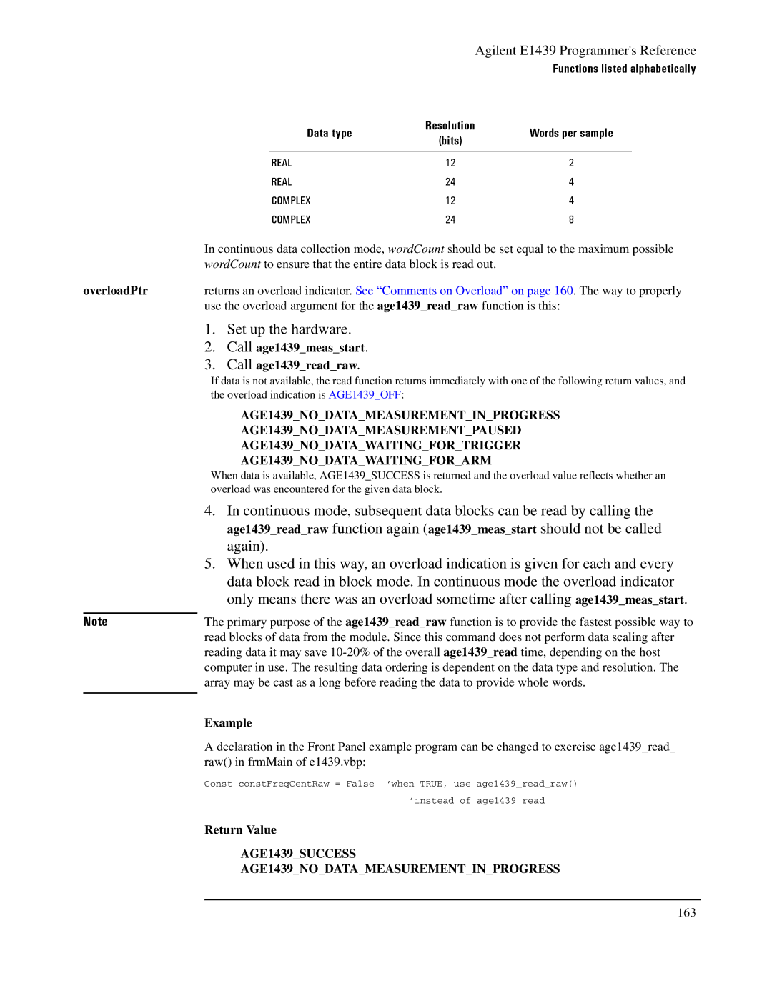 Agilent Technologies E1439 manual Data type, Call age1439measstart Call age1439readraw 