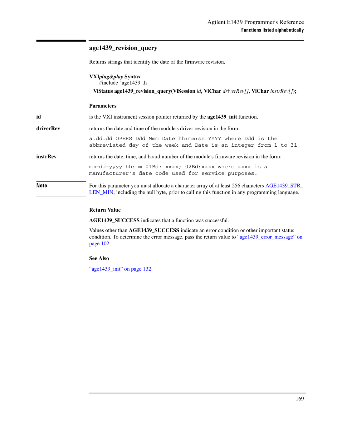 Agilent Technologies E1439 manual Age1439revisionquery, DriverRev InstrRev 