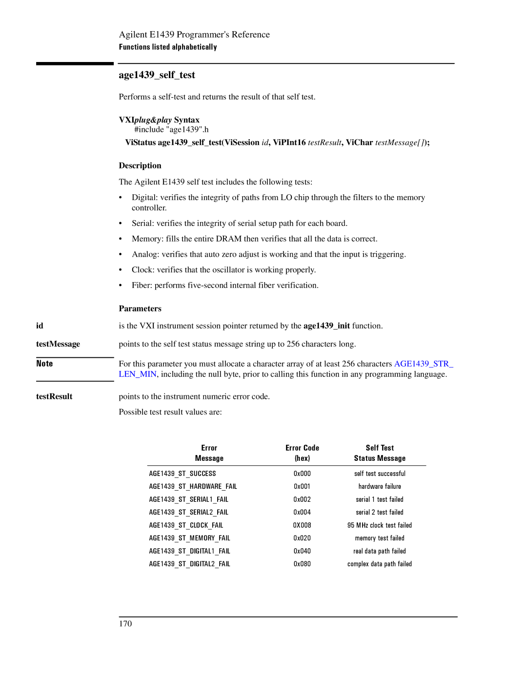 Agilent Technologies E1439 manual Age1439selftest, TestMessage TestResult, Error 