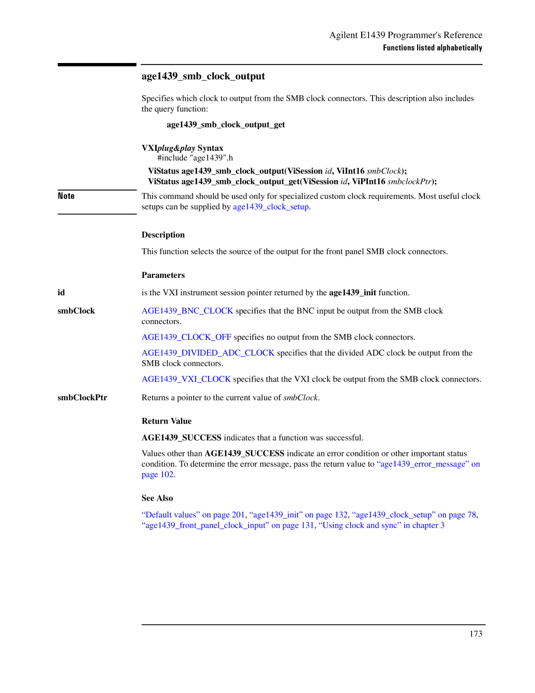 Agilent Technologies E1439 manual SmbClock SmbClockPtr, Age1439smbclockoutputget 