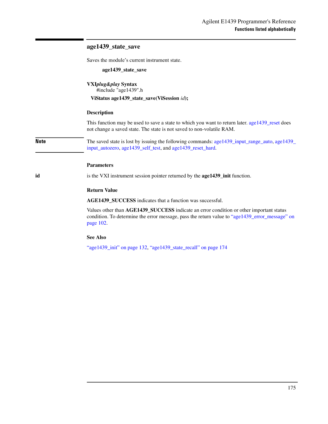 Agilent Technologies E1439 manual Age1439statesave, ViStatus age1439statesaveViSession id Description 