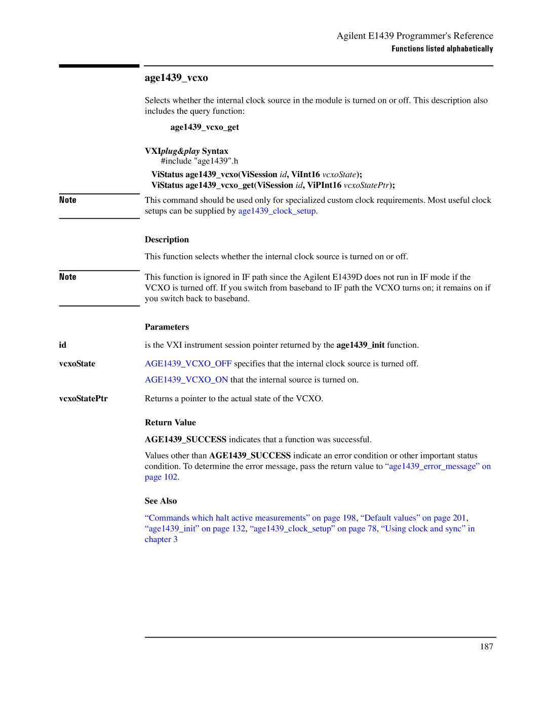 Agilent Technologies E1439 manual VcxoState VcxoStatePtr, Age1439vcxoget 