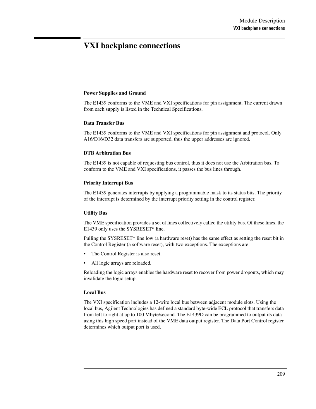 Agilent Technologies E1439 manual VXI backplane connections 