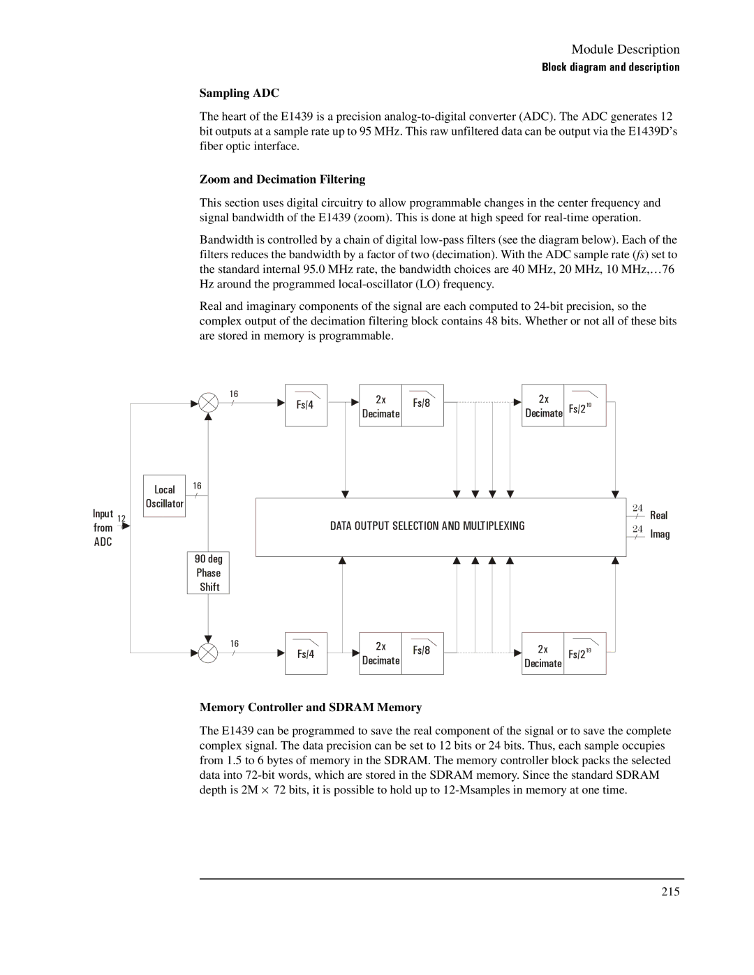 Agilent Technologies E1439 manual Sampling ADC, Zoom and Decimation Filtering, Memory Controller and Sdram Memory 