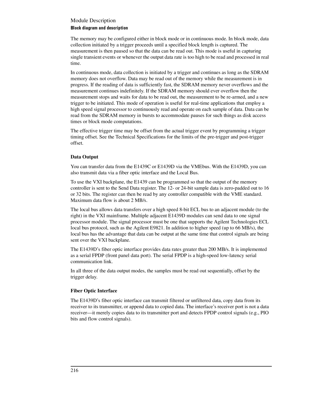 Agilent Technologies E1439 manual Data Output, Fiber Optic Interface 