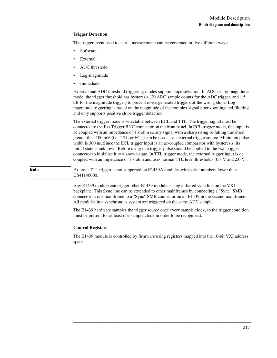 Agilent Technologies E1439 manual Trigger Detection, Control Registers 