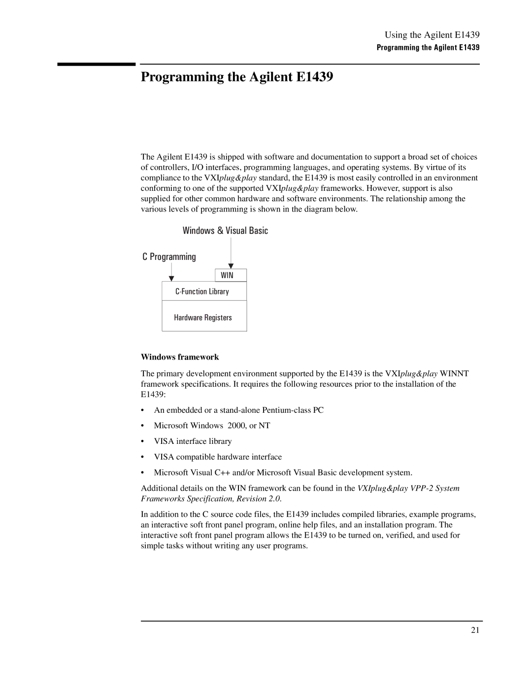 Agilent Technologies manual Programming the Agilent E1439, Windows framework 