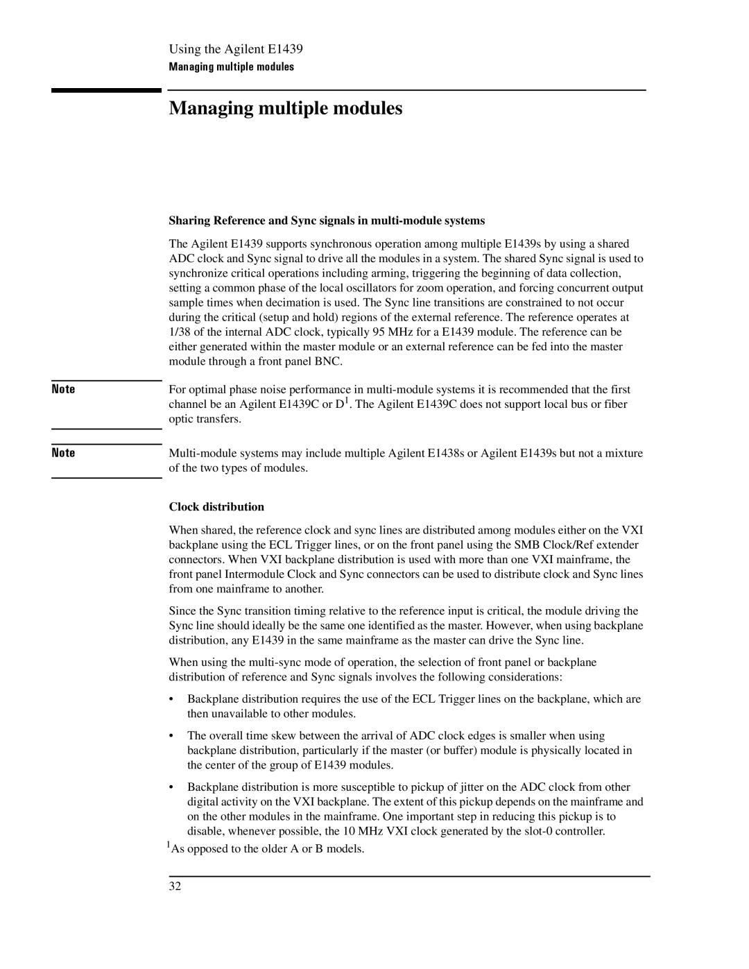 Agilent Technologies E1439 manual Managing multiple modules, Sharing Reference and Sync signals in multi-module systems 