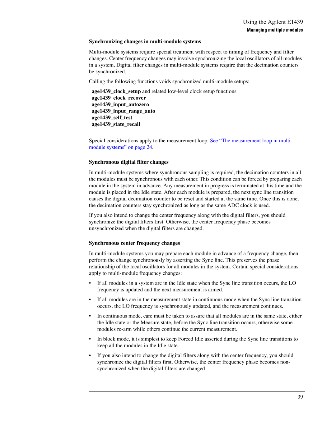 Agilent Technologies E1439 manual Synchronizing changes in multi-module systems, Synchronous digital filter changes 