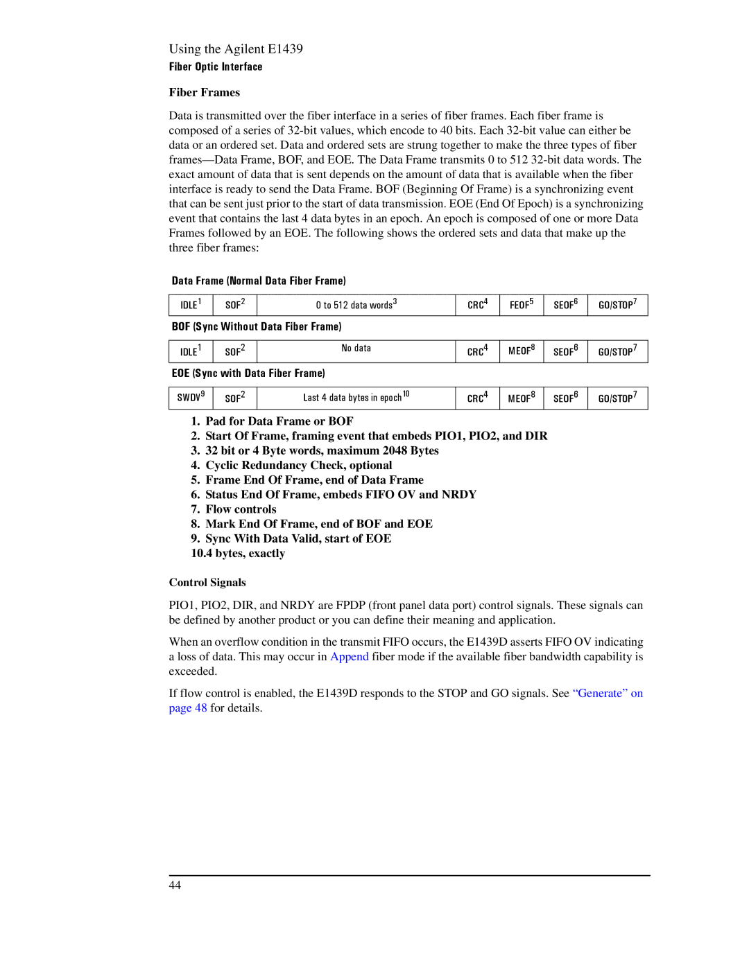 Agilent Technologies E1439 manual Fiber Frames, Data Frame Normal Data Fiber Frame, BOF Sync Without Data Fiber Frame 