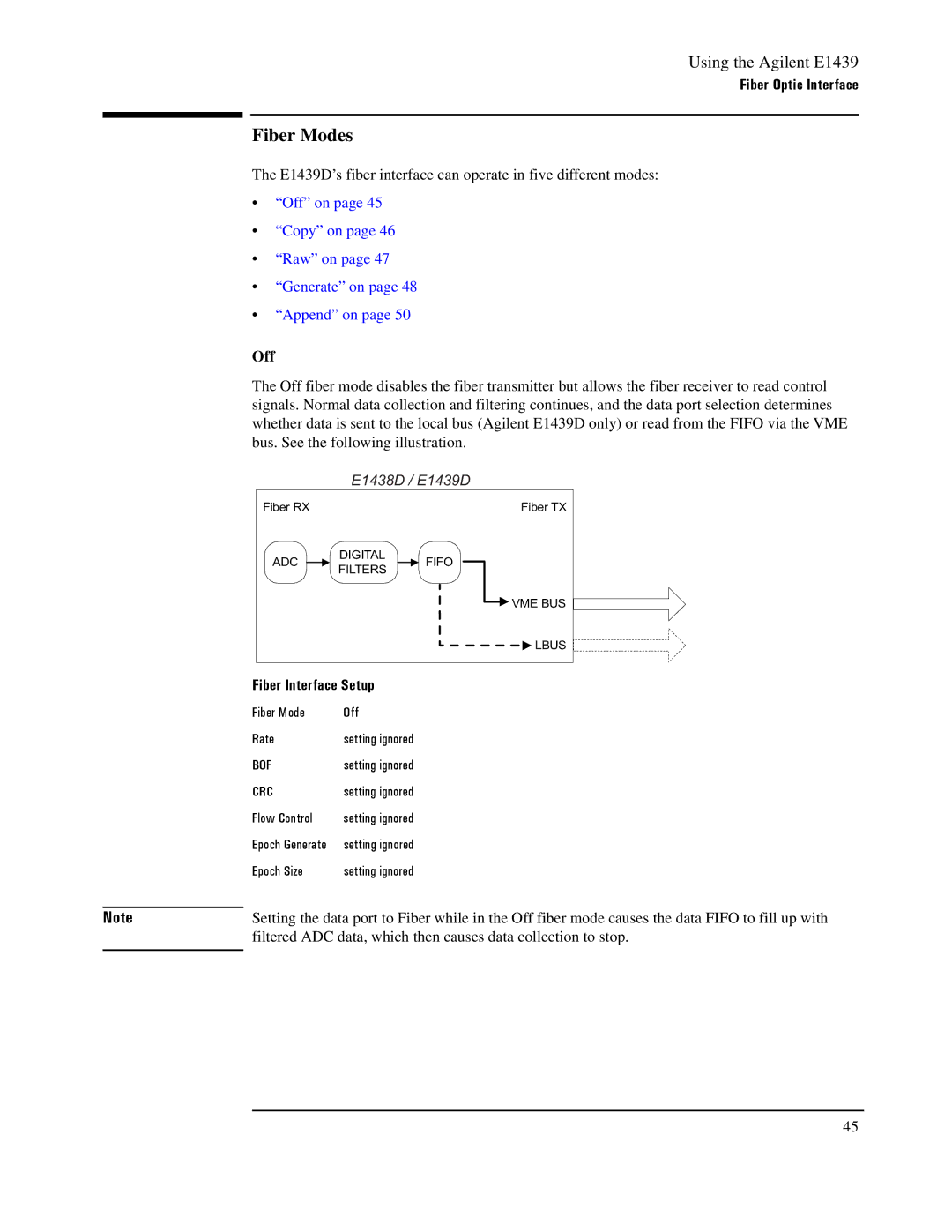 Agilent Technologies E1439 manual Fiber Modes, Off, Fiber Interface Setup 