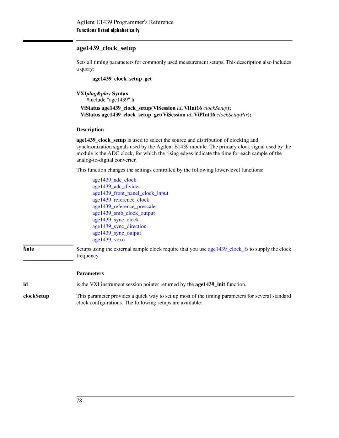 Agilent Technologies E1439 manual ClockSetup, Age1439clocksetupget 