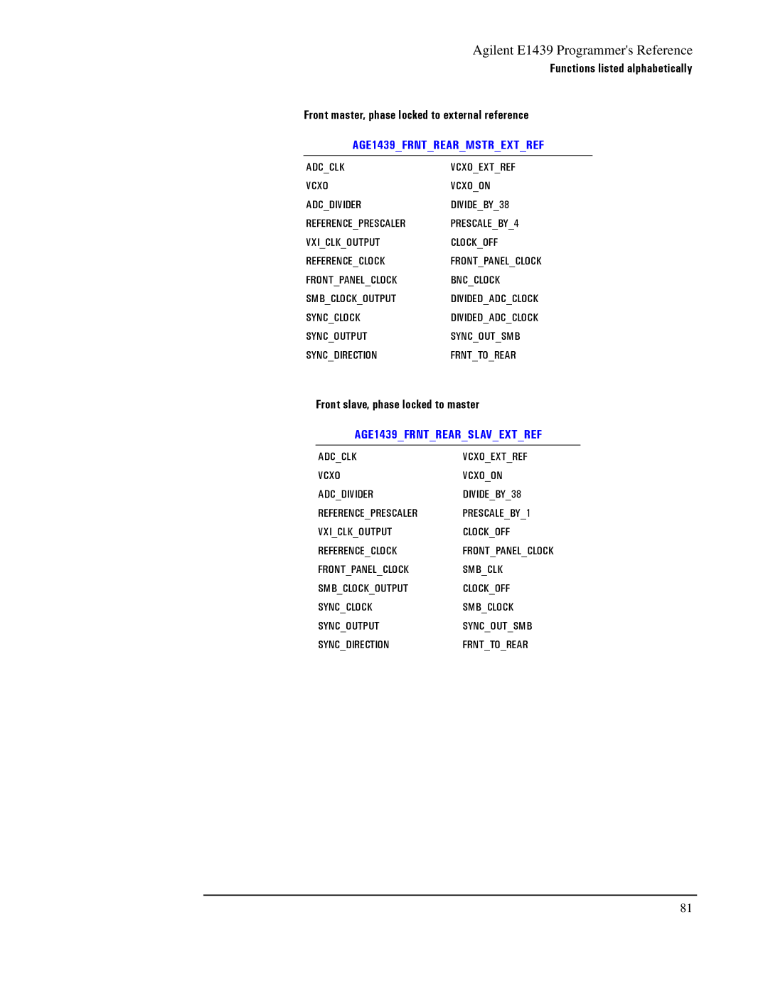 Agilent Technologies manual AGE1439FRNTREARMSTREXTREF, Front slave, phase locked to master 