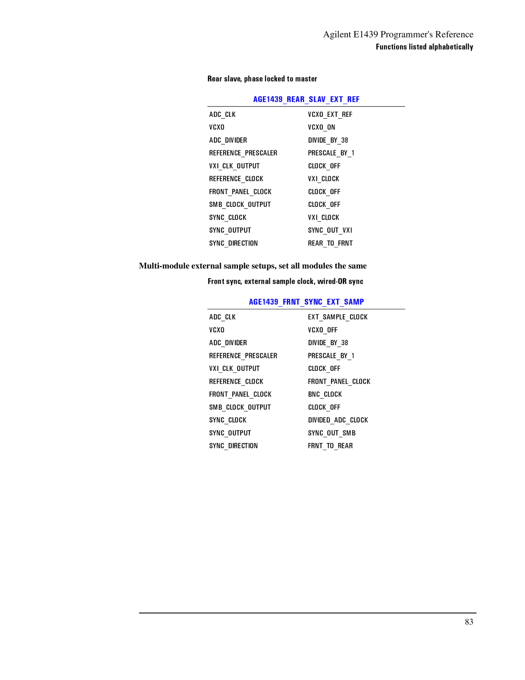 Agilent Technologies manual AGE1439REARSLAVEXTREF, Front sync, external sample clock, wired-OR sync 