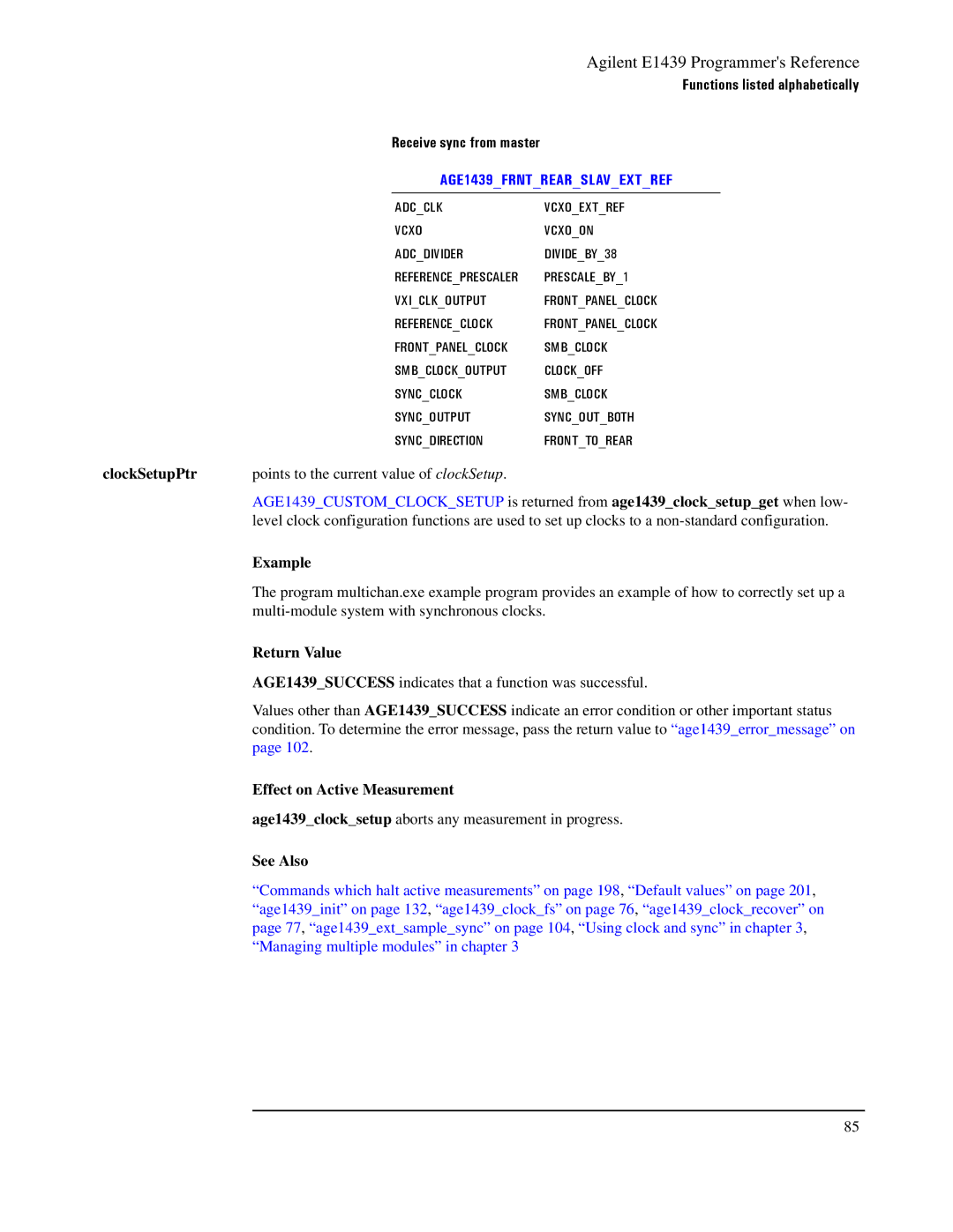 Agilent Technologies E1439 manual Functions listed alphabetically Receive sync from master, ClockSetupPtr, Example 