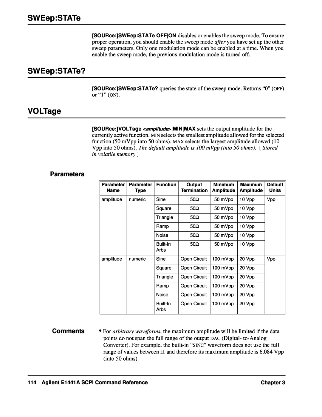 Agilent Technologies user service SWEep:STATe?, VOLTage, Parameters, Agilent E1441A SCPI Command Reference, Chapter 