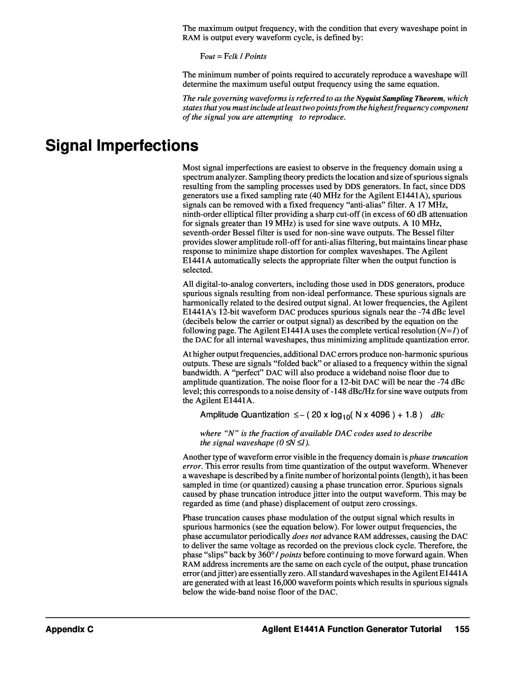 Agilent Technologies user service Signal Imperfections, Appendix C, Agilent E1441A Function Generator Tutorial 