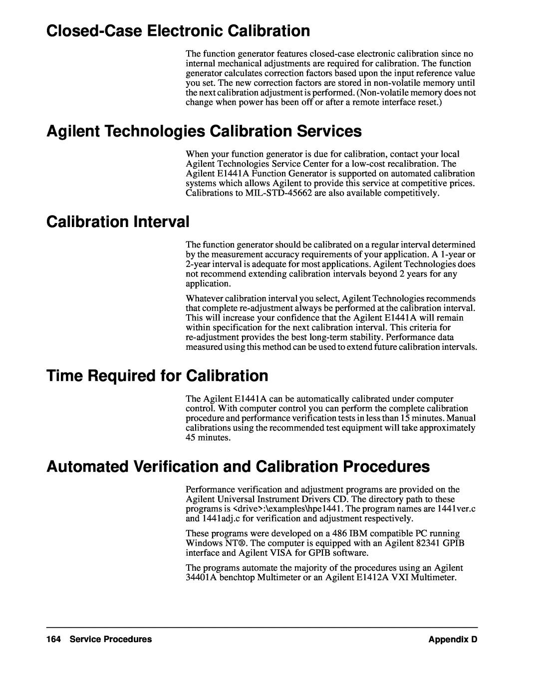 Agilent Technologies E1441A user service Closed-CaseElectronic Calibration, Agilent Technologies Calibration Services 