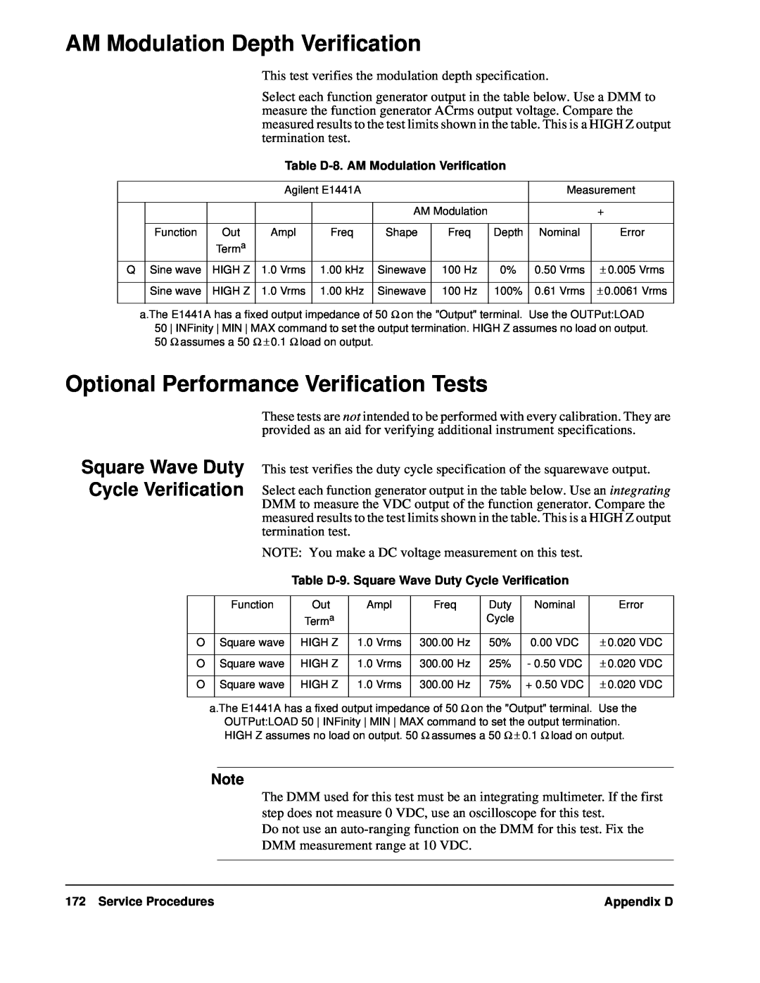 Agilent Technologies E1441A user service AM Modulation Depth Verification, Optional Performance Verification Tests 
